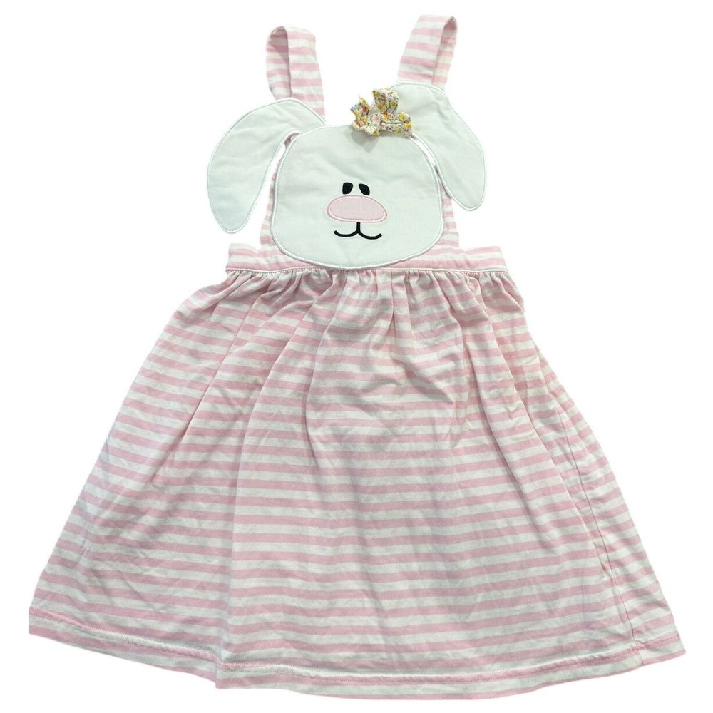 Sugar Dumplin Girls Pink Striped Bunny Face Jumper Dress 5T Sleeveless Bib Front